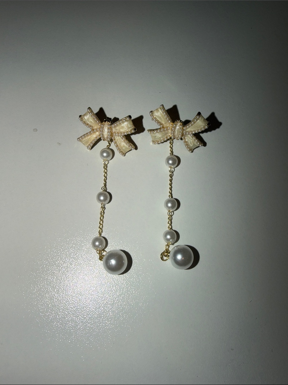 Pearl Bow Drop Earrings - Cream and Gold